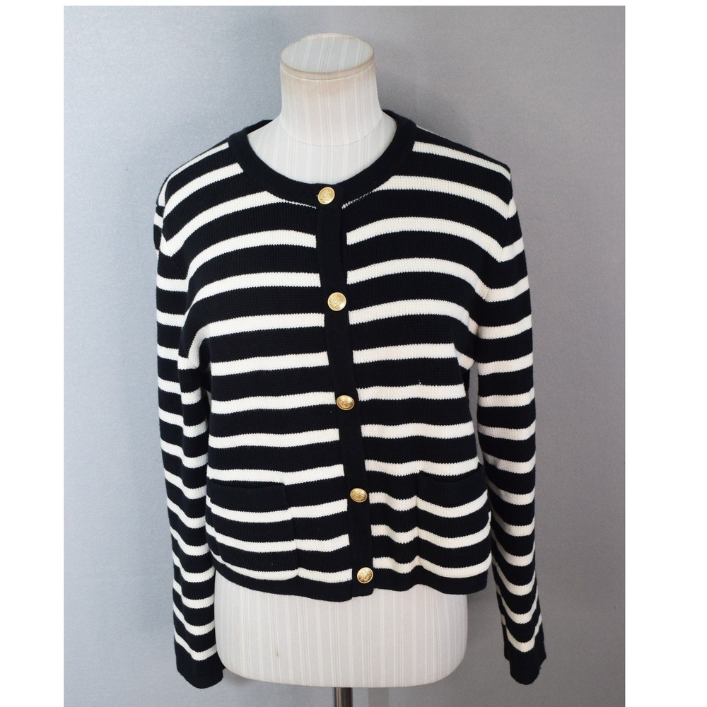 J.Crew Emilie Cardigan Medium Navy Ivory Stripe Gold Button Cotton Sweater BQ196